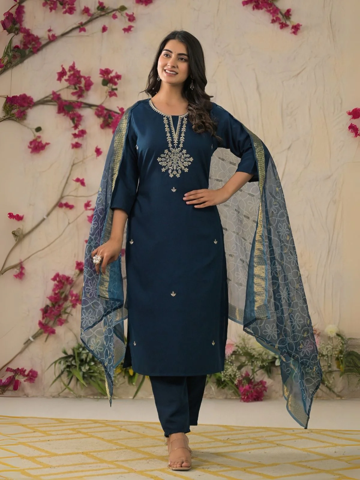 Odette Blue Viscose Rayon Embroidered Stitched Kurta Set For Women