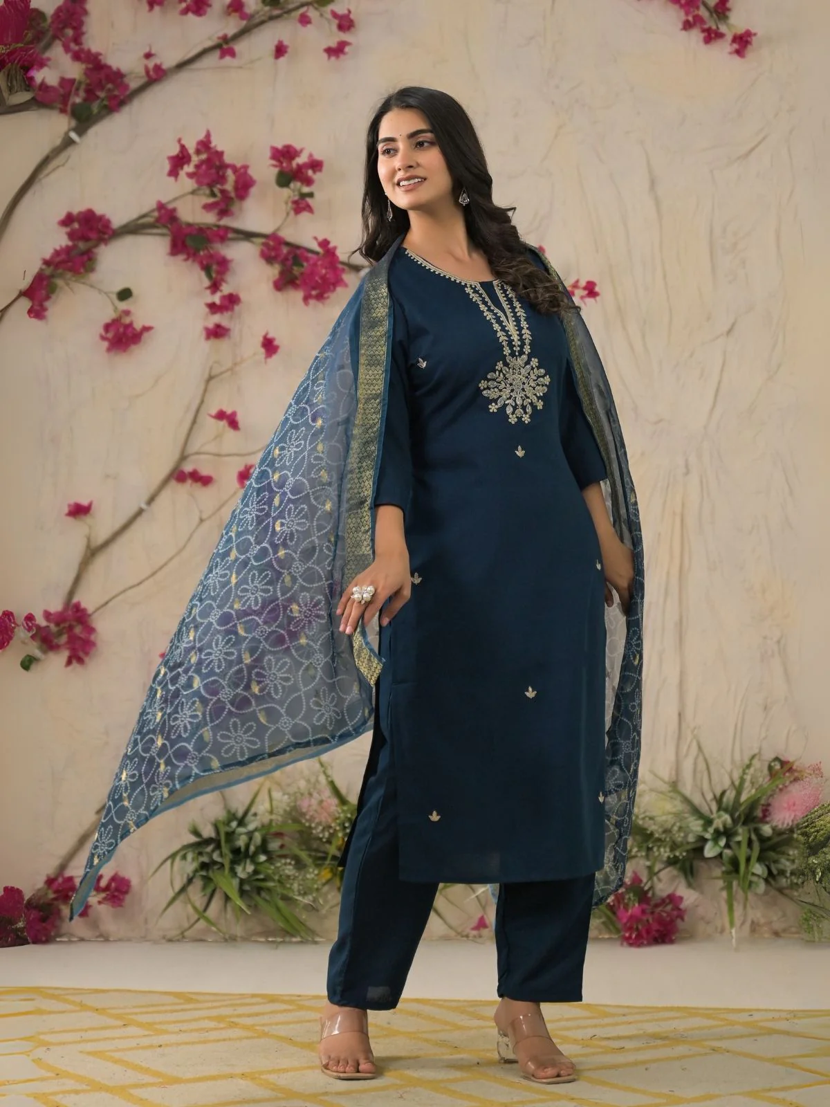 Odette Blue Viscose Rayon Embroidered Stitched Kurta Set For Women - Image 3