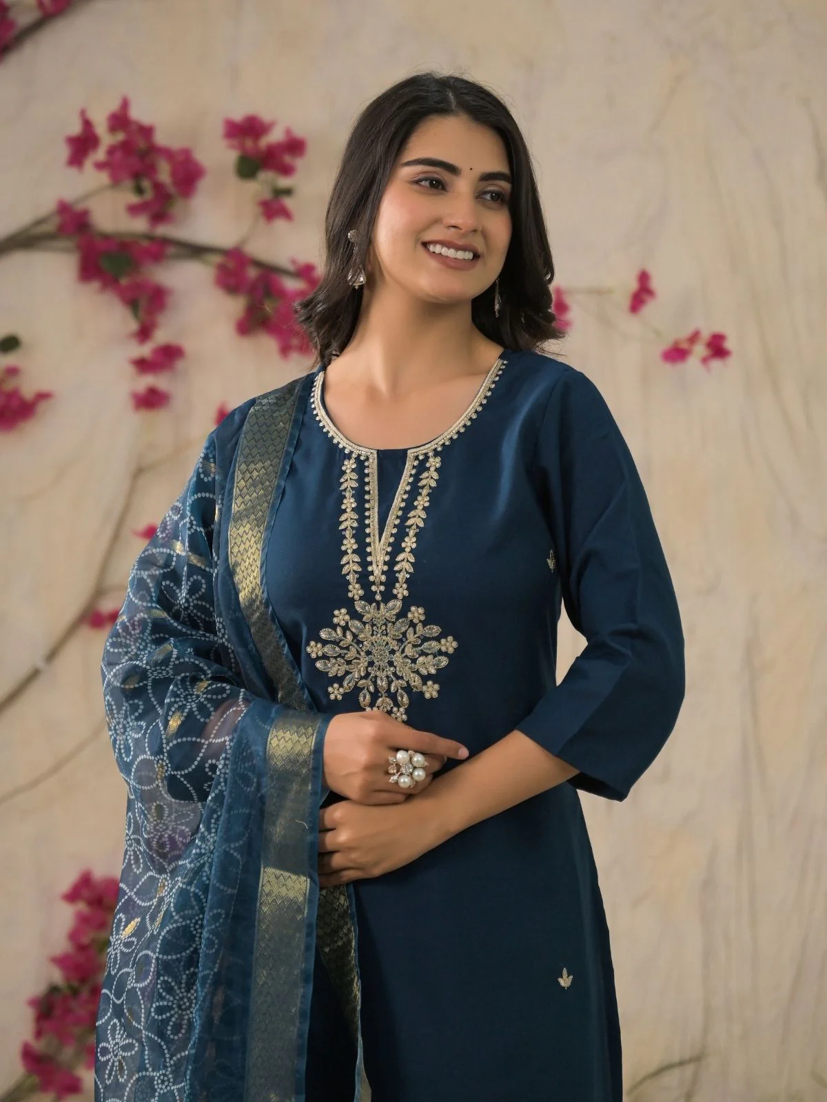 Odette Blue Viscose Rayon Embroidered Stitched Kurta Set For Women - Image 4