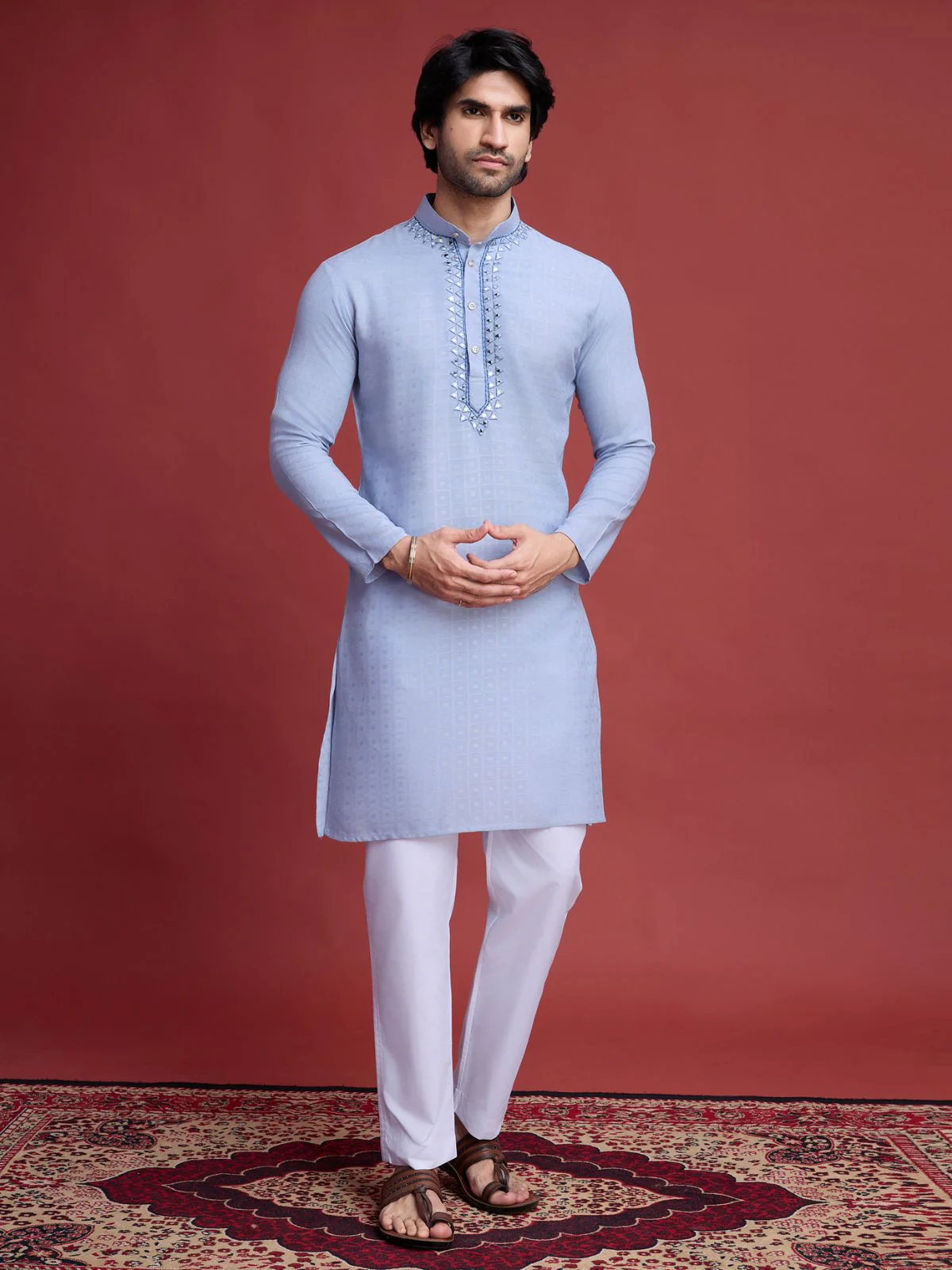 Odette Blue Viscose Rayon Mirror Work Stitched Kurta For Men - Image 2