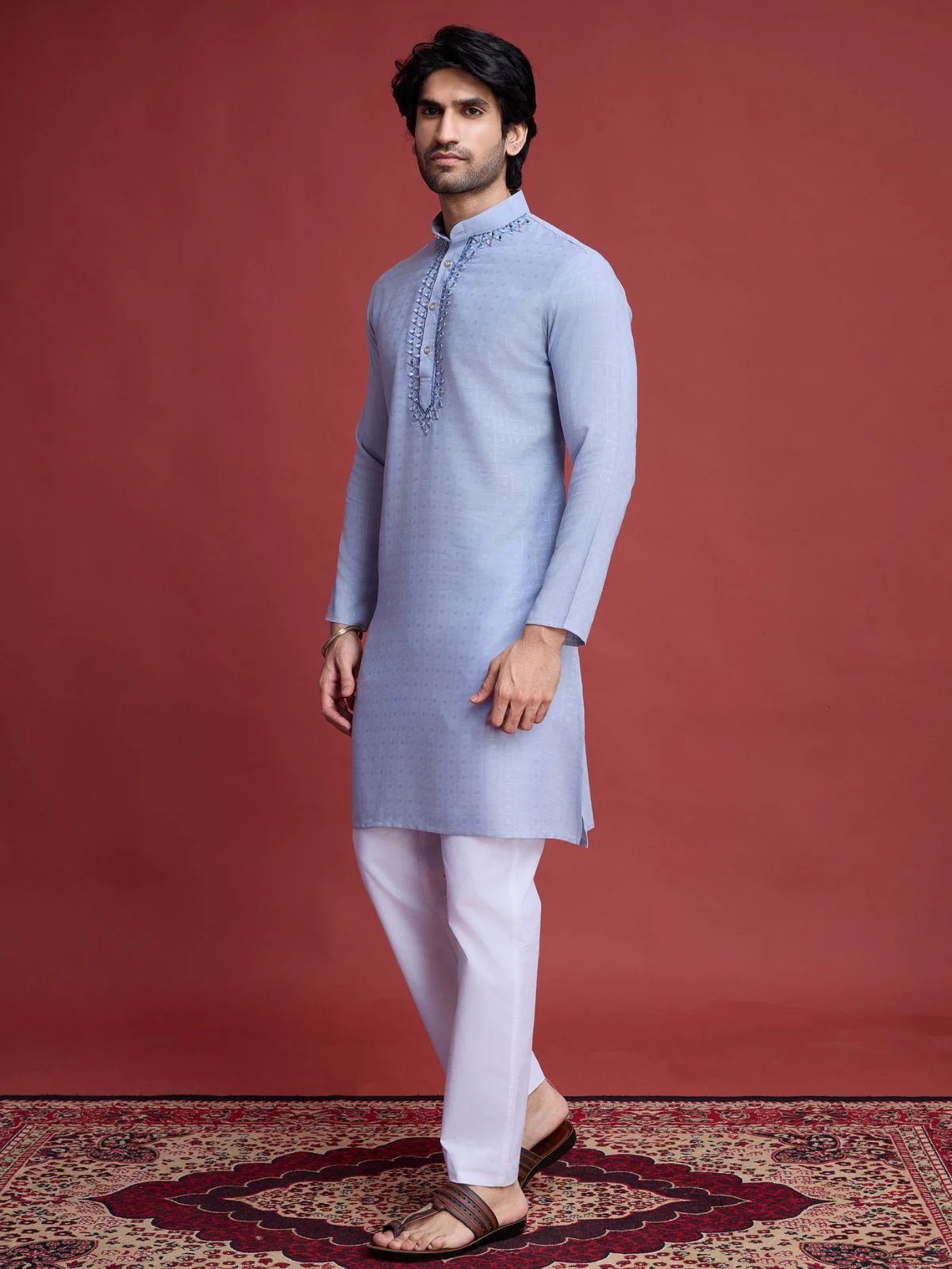 Odette Blue Viscose Rayon Mirror Work Stitched Kurta For Men - Image 3