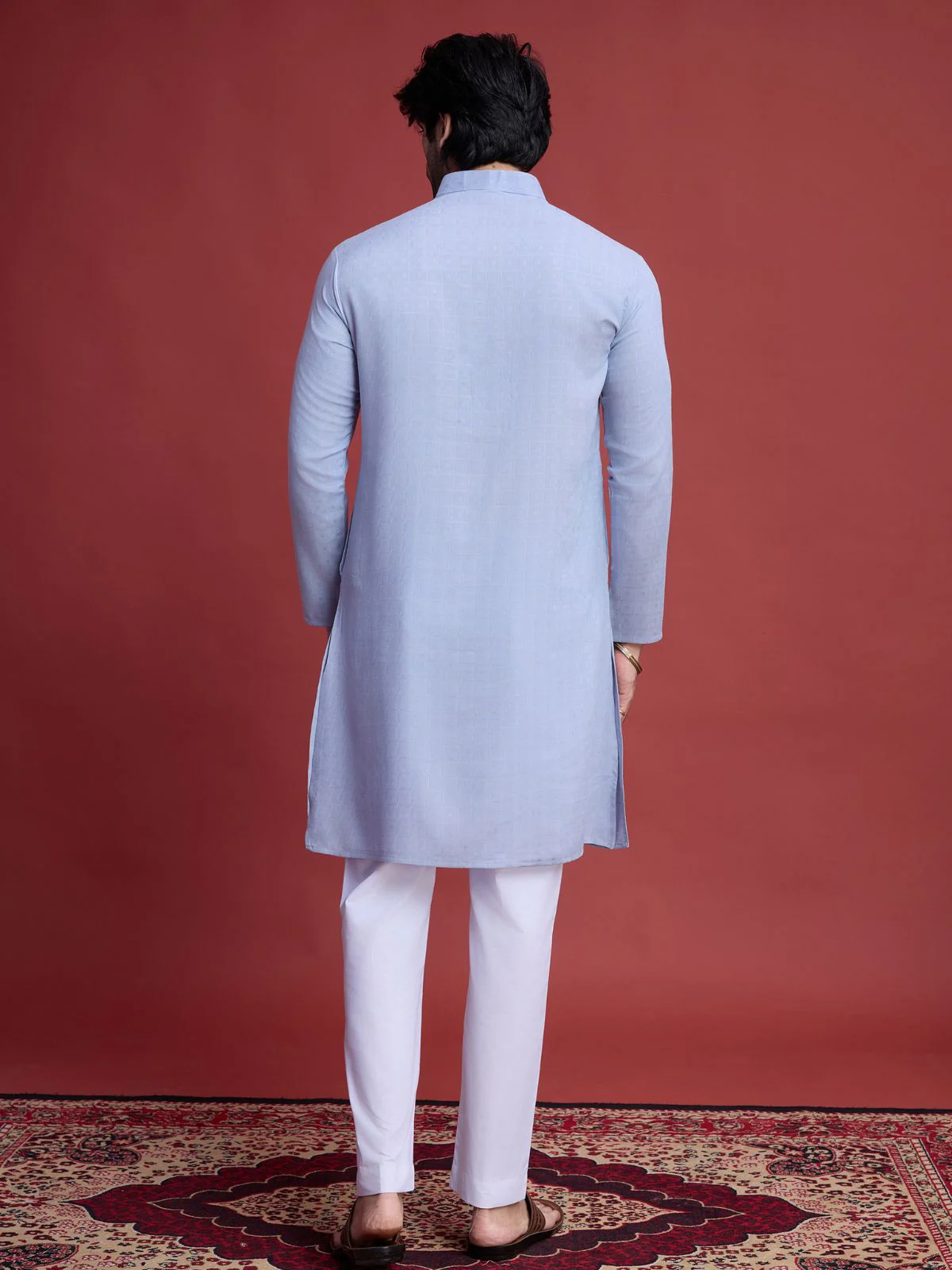 Odette Blue Viscose Rayon Mirror Work Stitched Kurta For Men - Image 6