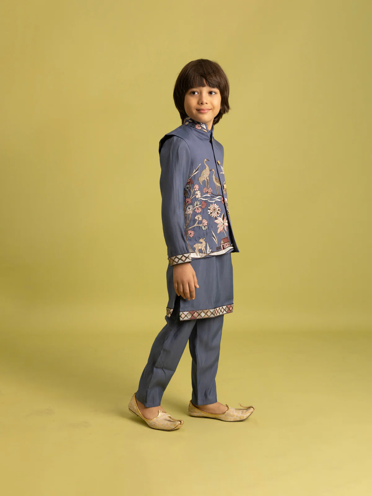 Odette Grey Viscose Silk Embroidered Stitched Kurta Set For Kids - Image 2