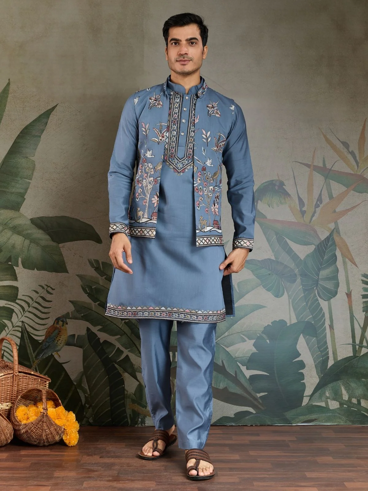 Odette Blue Viscose Silk Embroidered Stitched Kurta Set For Men