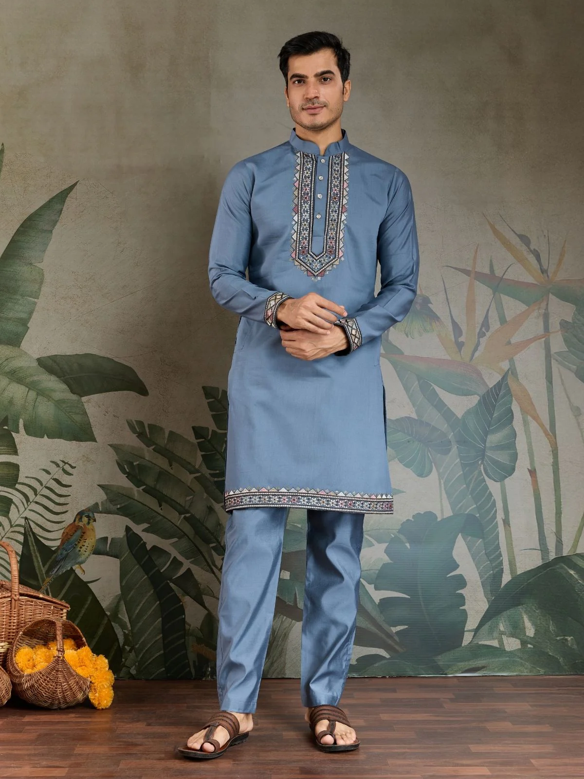 Odette Blue Viscose Silk Embroidered Stitched Kurta Set For Men - Image 4