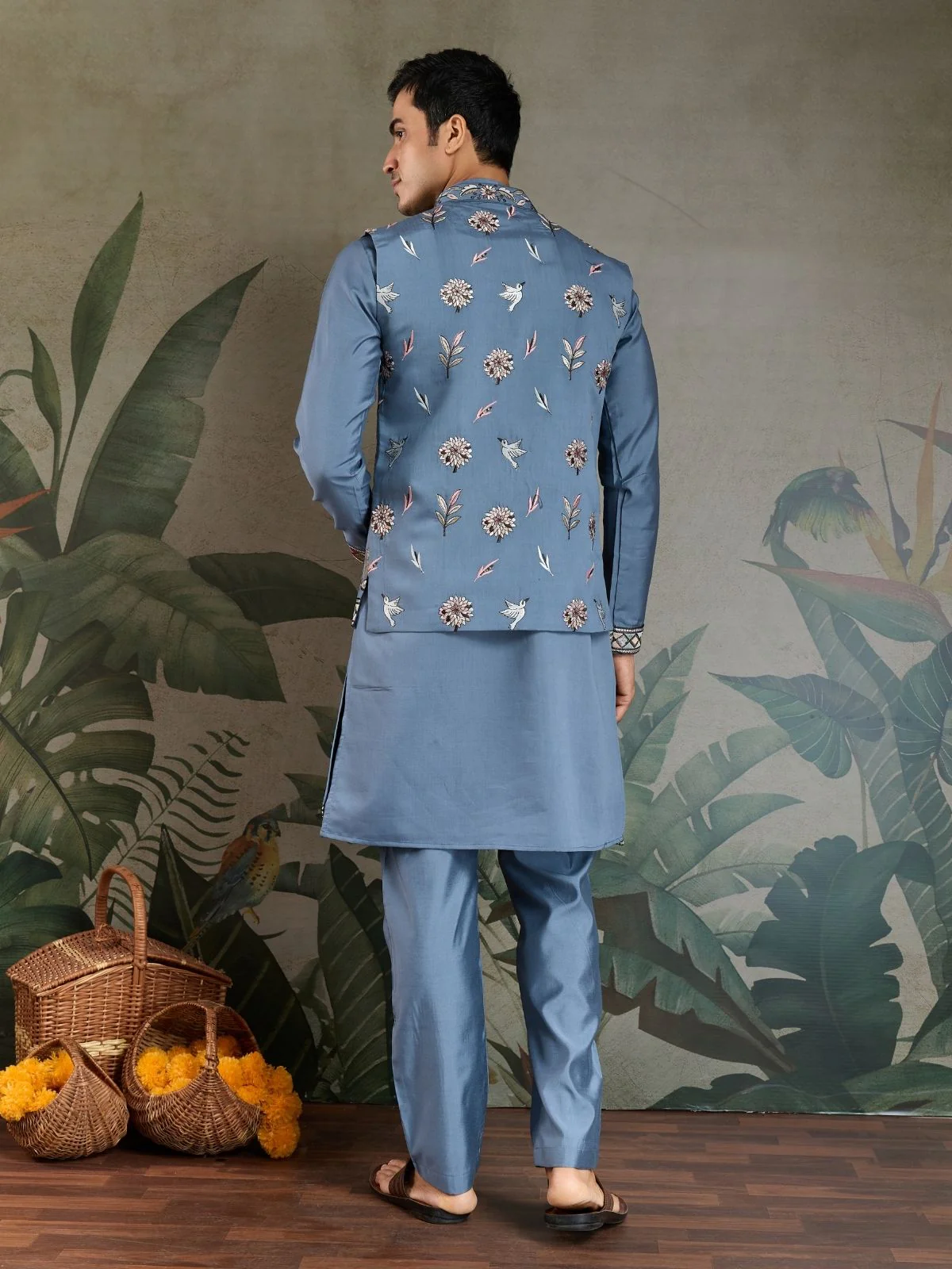 Odette Blue Viscose Silk Embroidered Stitched Kurta Set For Men - Image 5