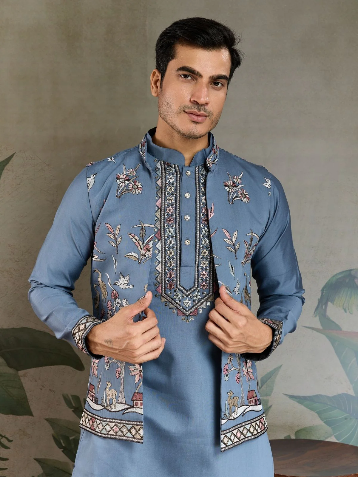 Odette Blue Viscose Silk Embroidered Stitched Kurta Set For Men - Image 6