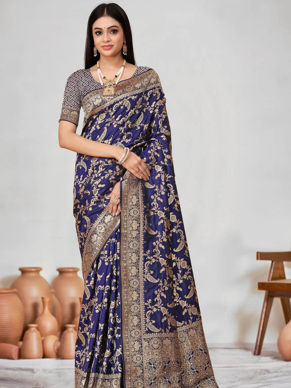 Odette Blue Woven Banarasi Silk Saree With Unstitched Blouse For Women - Image 2