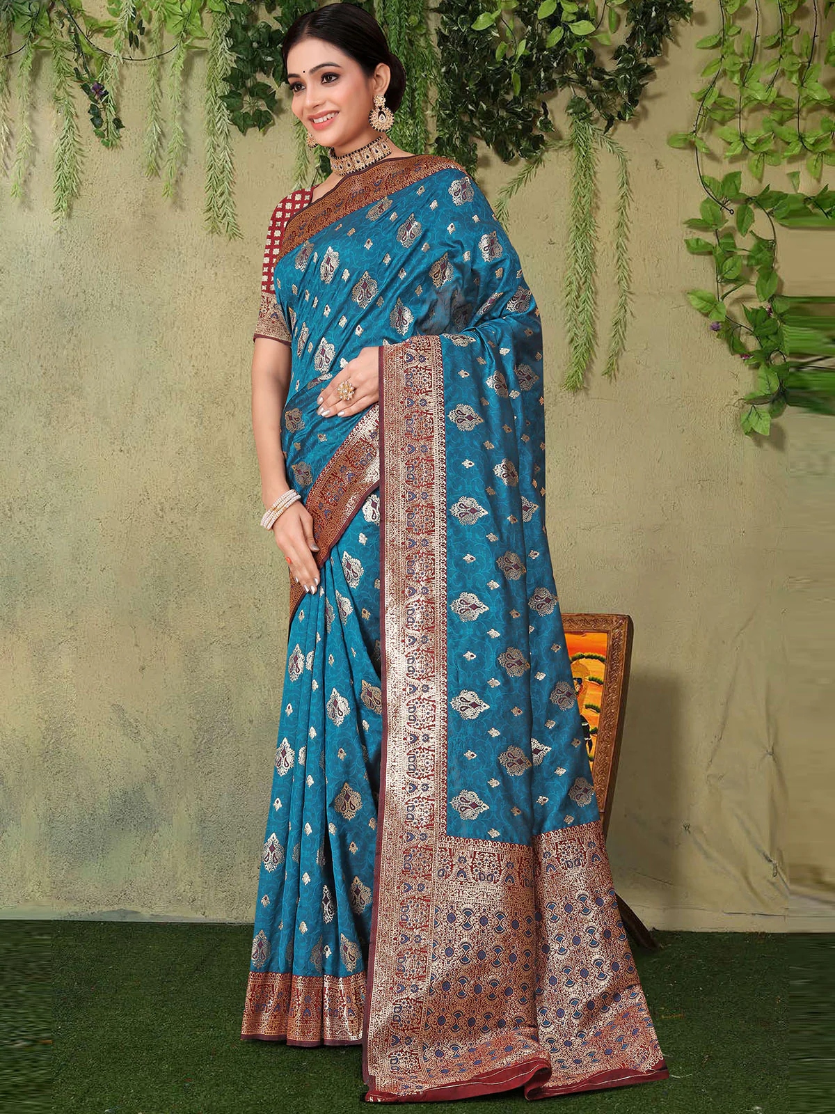 Odette Blue Woven Banarasi Silk Saree With unstitched Blouse For Women - Image 2