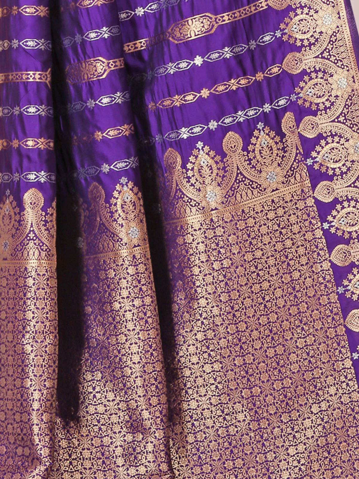 Odette Purple Woven Banarasi Silk Saree With Unstitched Blouse For Women - Image 6