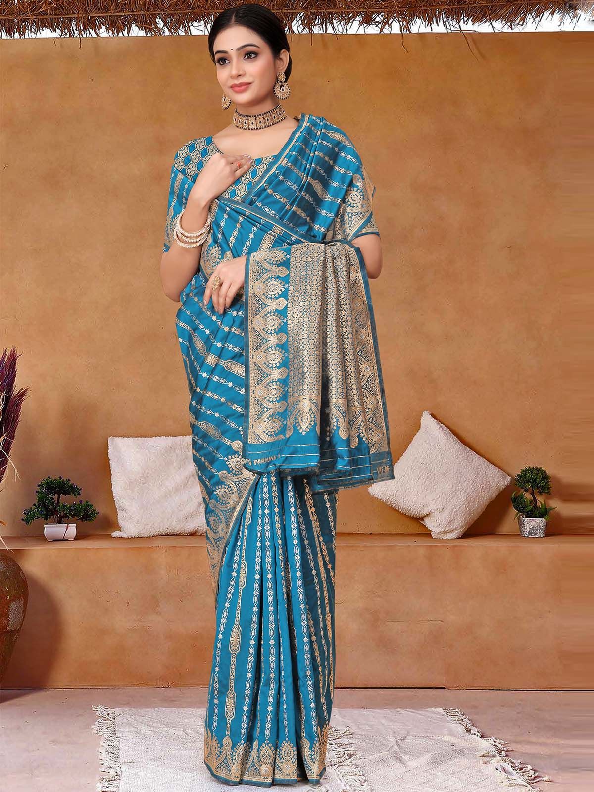 Odette Blue Woven Banarasi Silk Saree With Unstitched Blouse For Women - Image 2