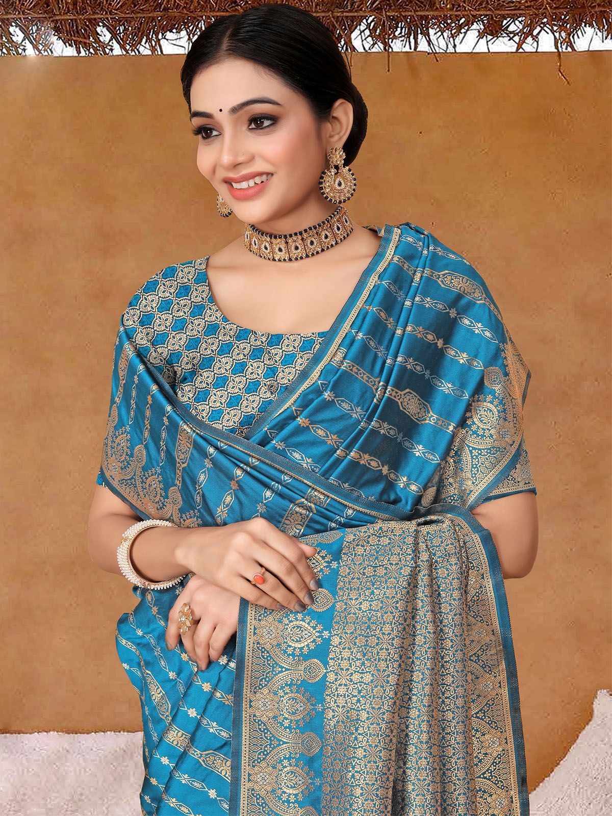 Odette Blue Woven Banarasi Silk Saree With Unstitched Blouse For Women - Image 4