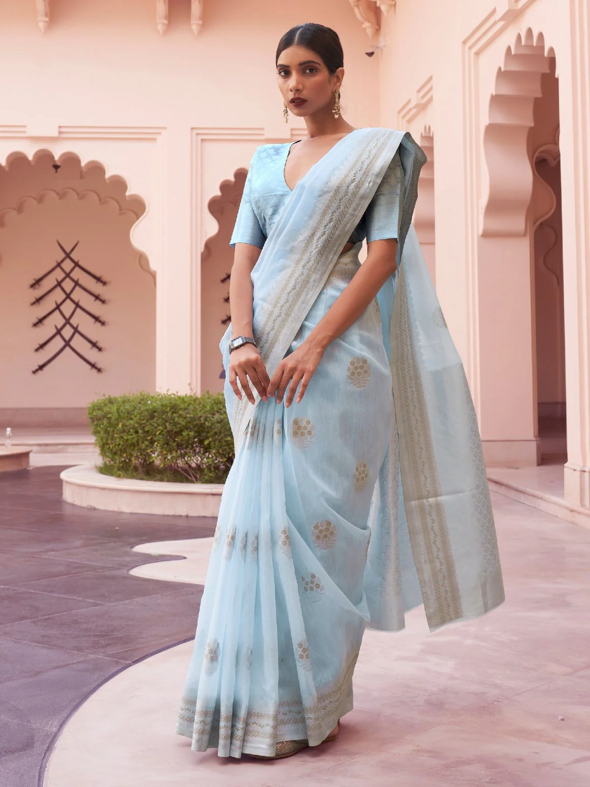 Odette Blue Woven Design Linen Saree With Unstitched Blouse For Women
