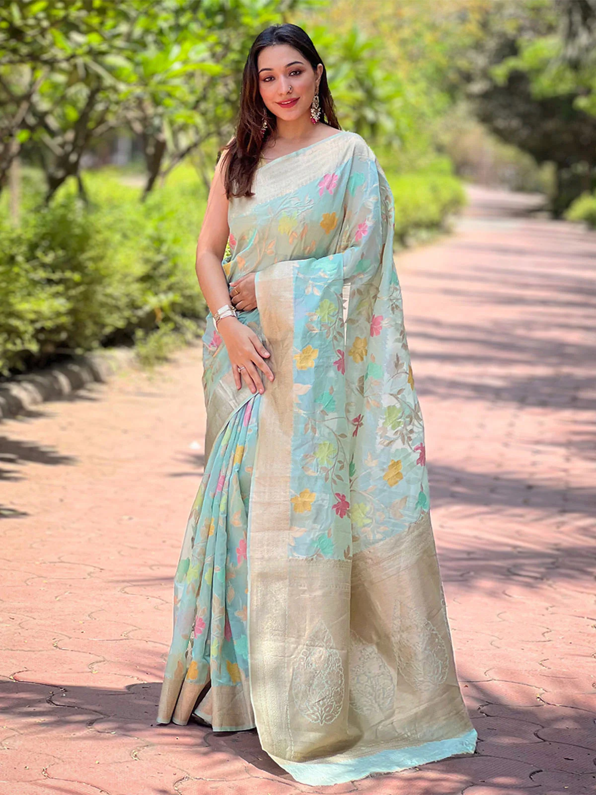 Odette Blue Woven Design Organza Saree With Unstitched Blouse For Women