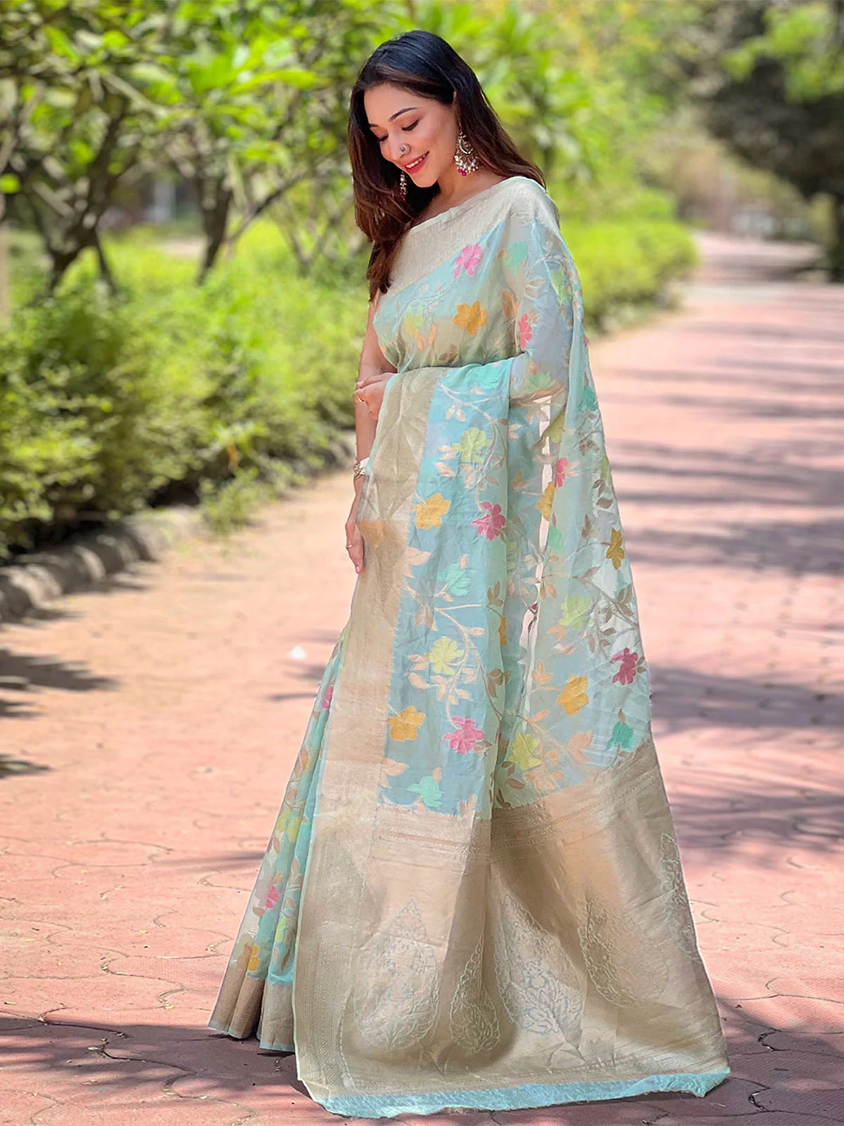 Odette Blue Woven Design Organza Saree With Unstitched Blouse For Women - Image 2