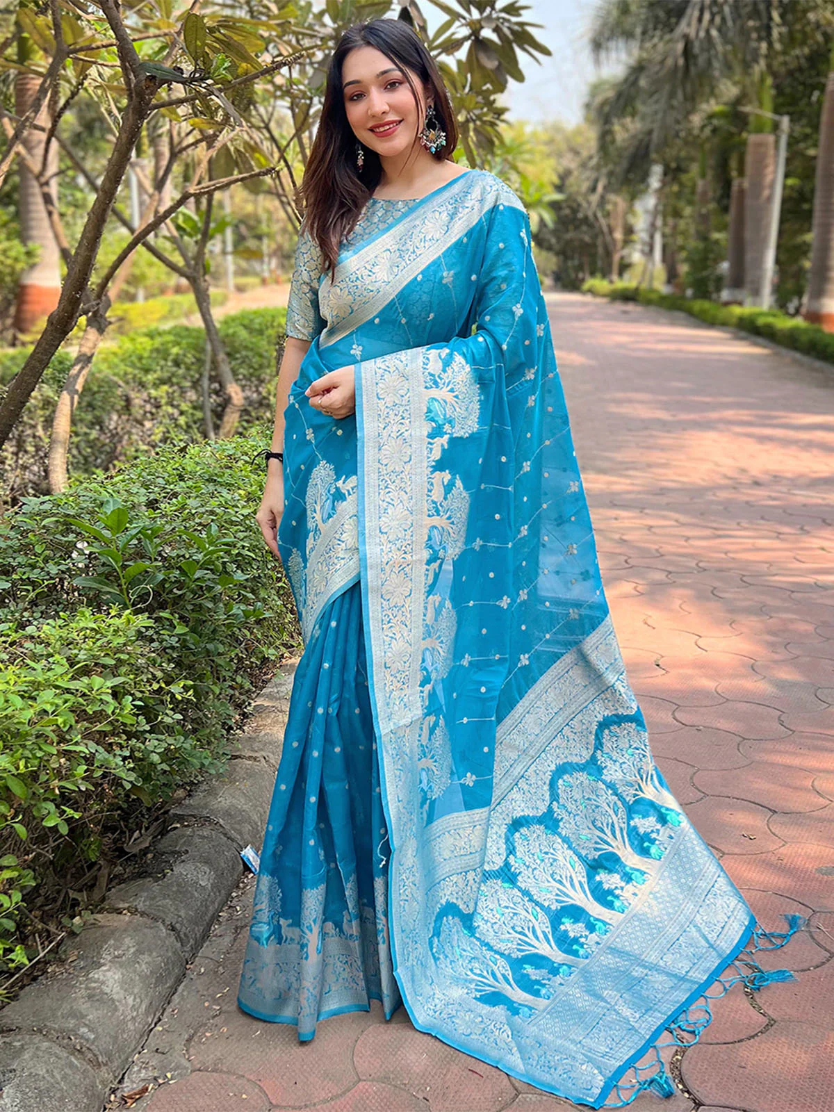 Odette Blue Woven Design Organza Saree With Unstitched Blouse For Women