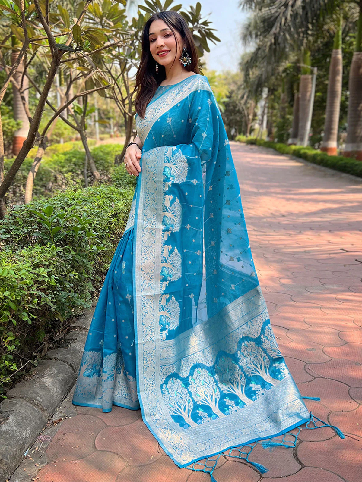 Odette Blue Woven Design Organza Saree With Unstitched Blouse For Women - Image 2