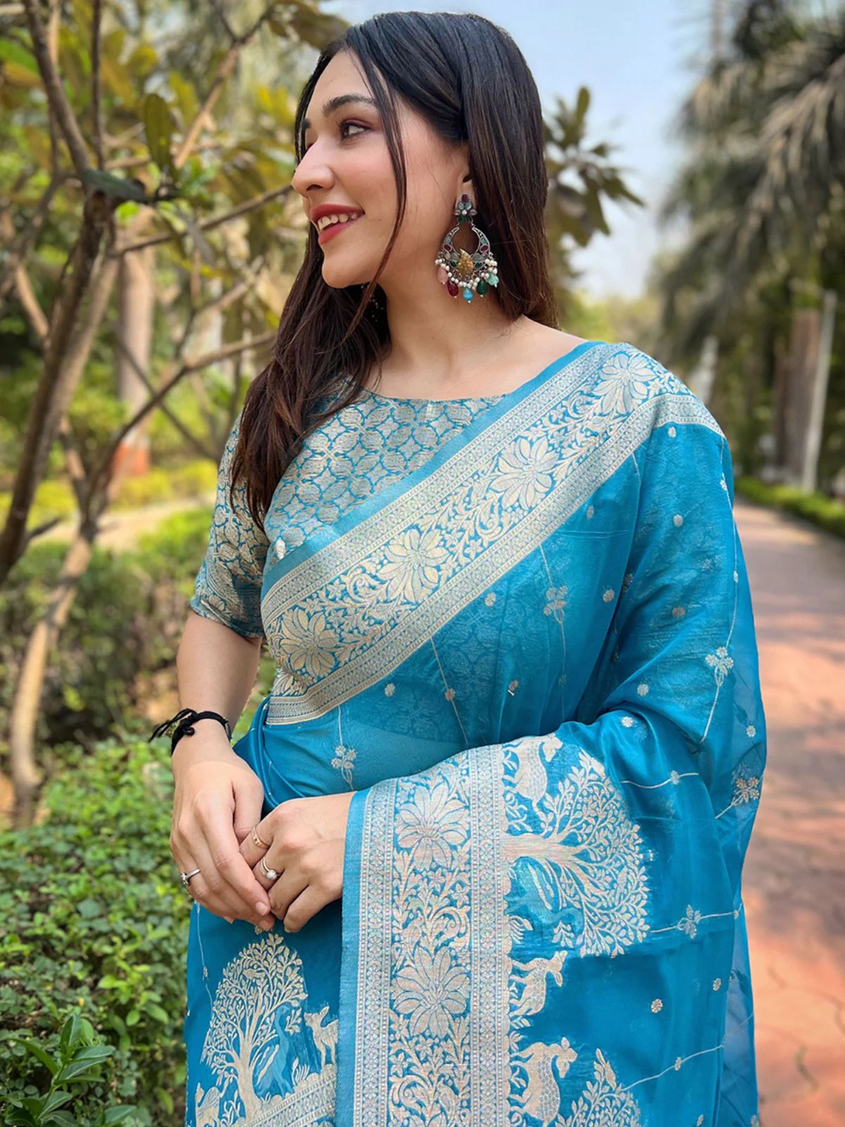 Odette Blue Woven Design Organza Saree With Unstitched Blouse For Women - Image 3