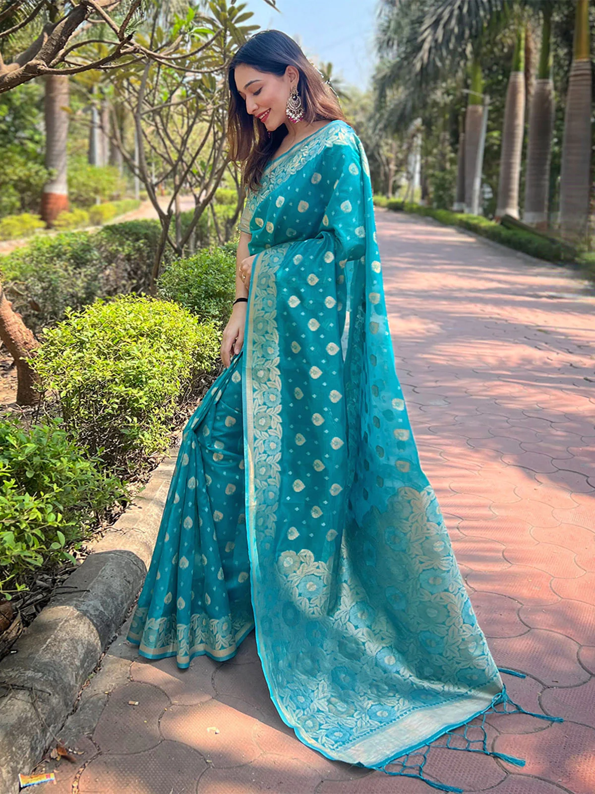 Odette Blue Woven Design Organza Saree With Unstitched Blouse For Women
