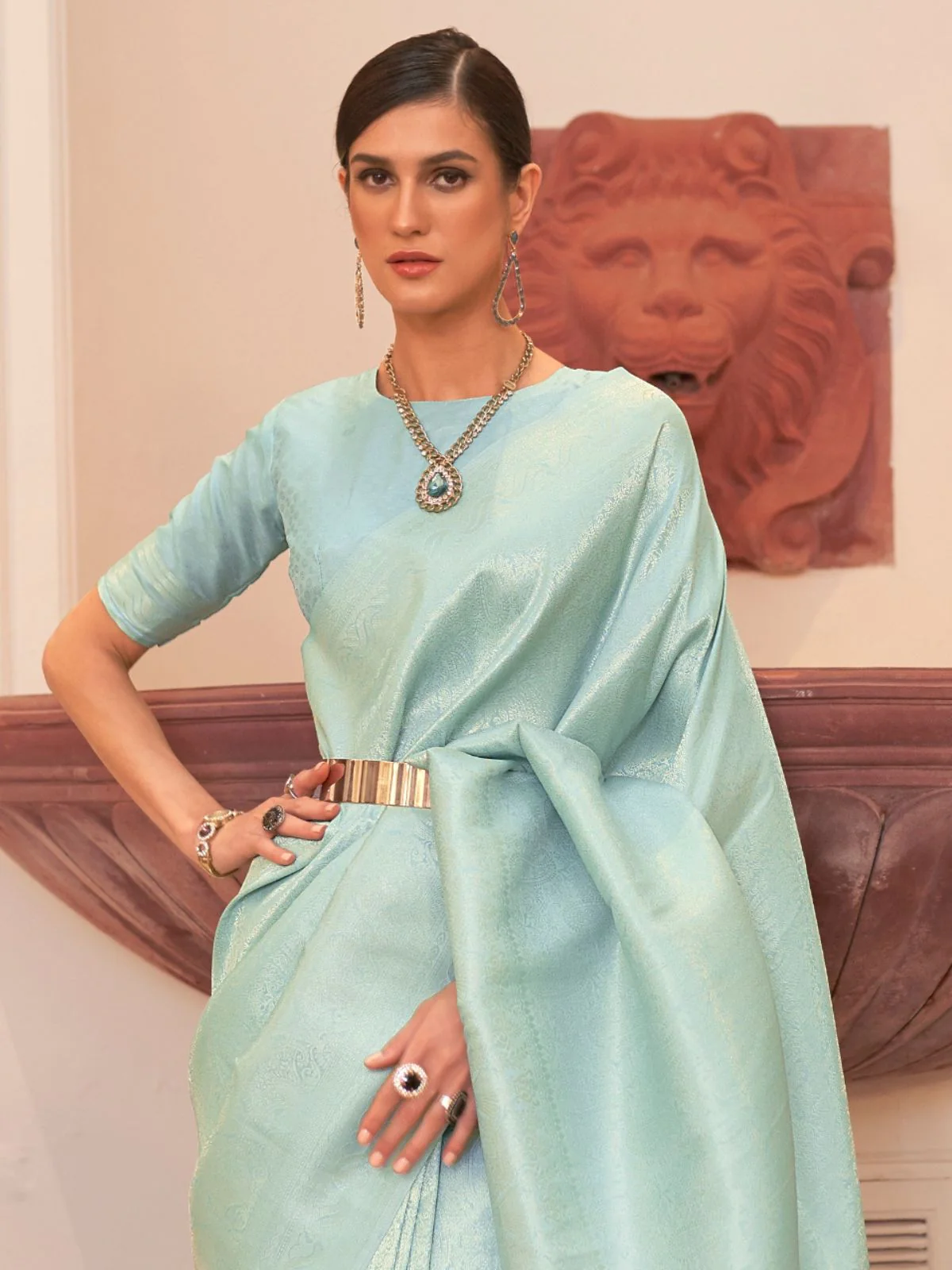 Odette Light Blue Woven Design Silk Blend Saree With Unstitched Blouse For Women - Image 2