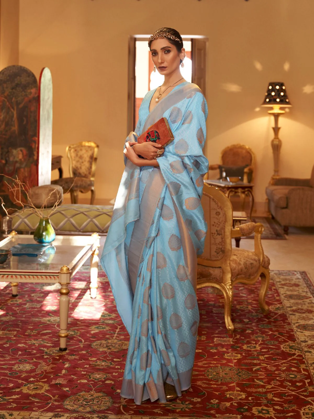 Odette Blue Woven Design Silk Blend Saree With Unstitched Blouse For Women - Image 2