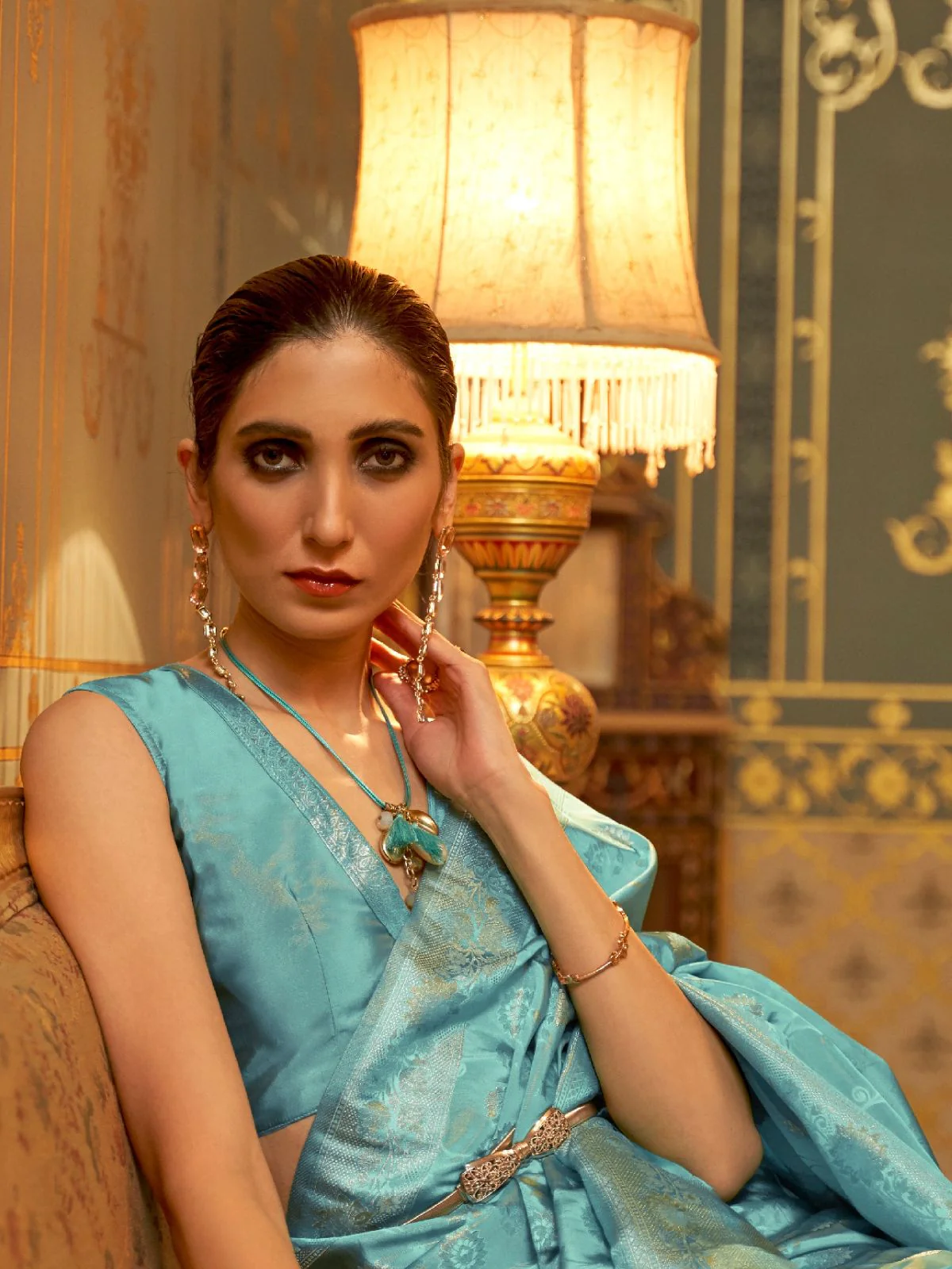 Odette Blue Woven Design Silk Blend Saree With Unstitched Blouse For Women - Image 2