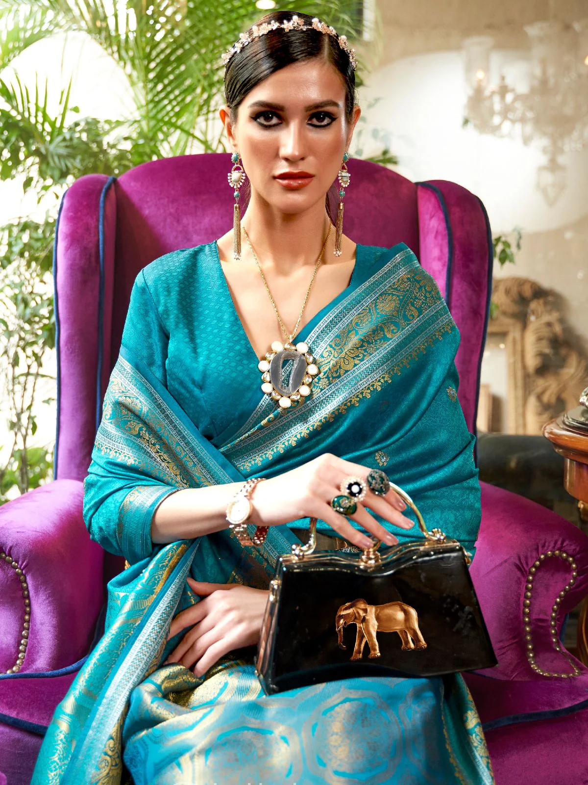Odette Blue Woven Design Silk Blend Saree With Unstitched Blouse For Women - Image 2