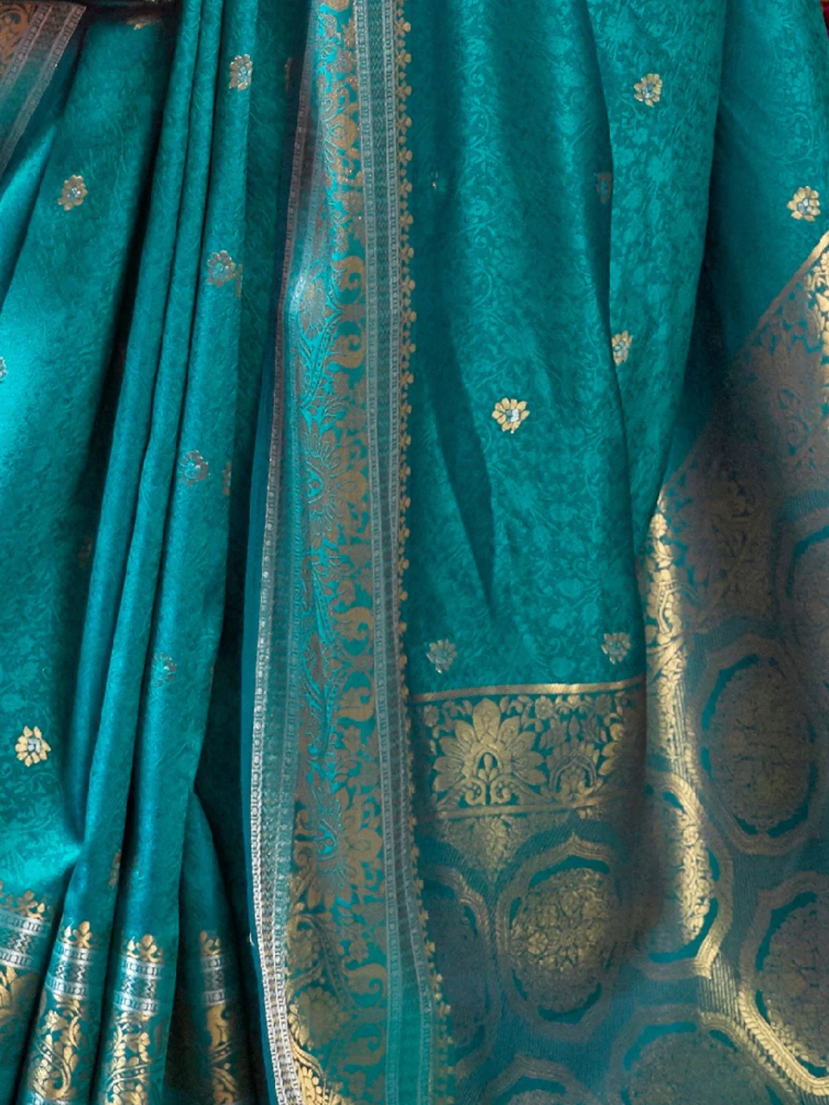 Odette Blue Woven Design Silk Blend Saree With Unstitched Blouse For Women - Image 3