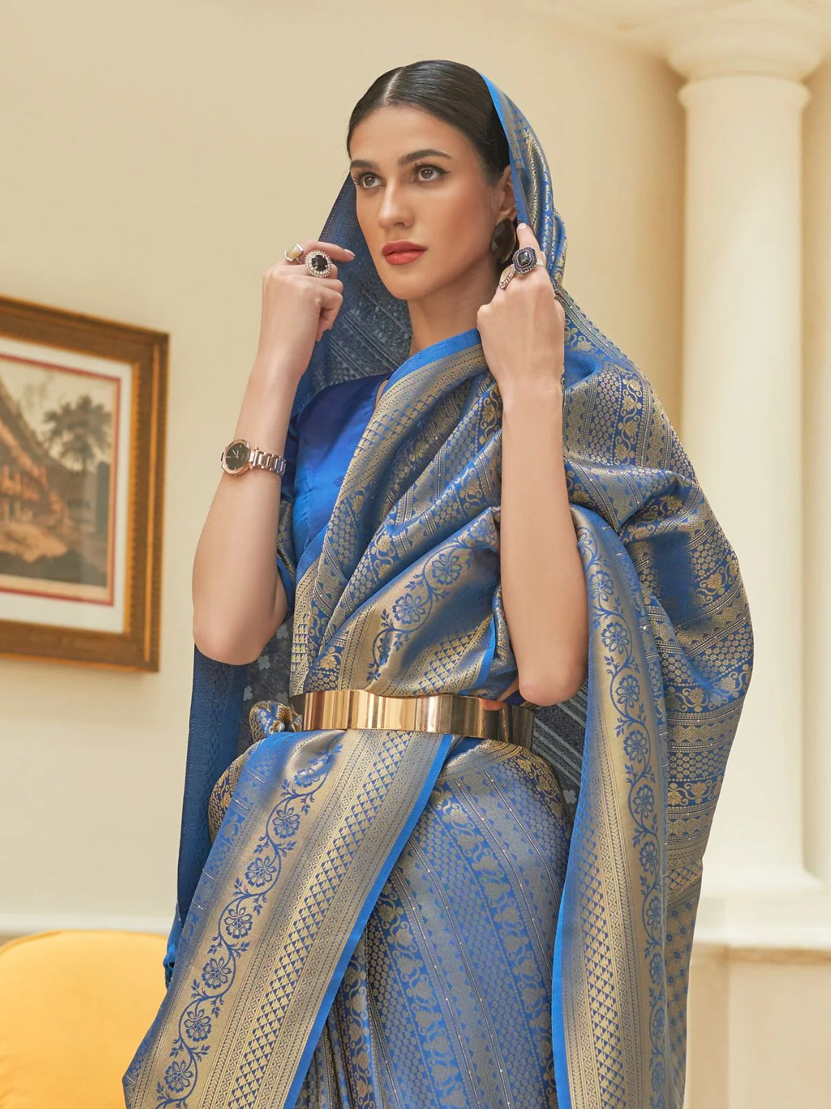 Odette Blue Woven Design Silk Blend Saree With Unstitched Blouse For Women - Image 3