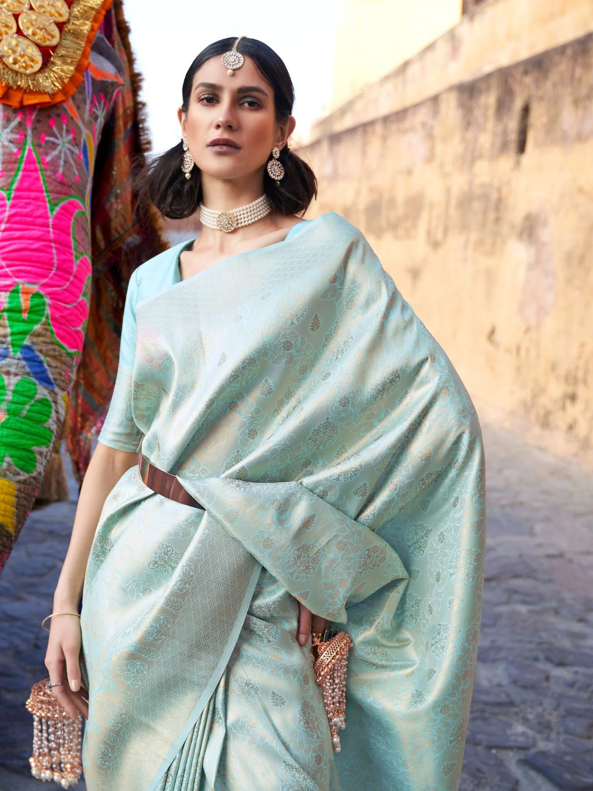 Odette Blue Woven Design Silk Blend Saree With Unstitched Blouse For Women - Image 2