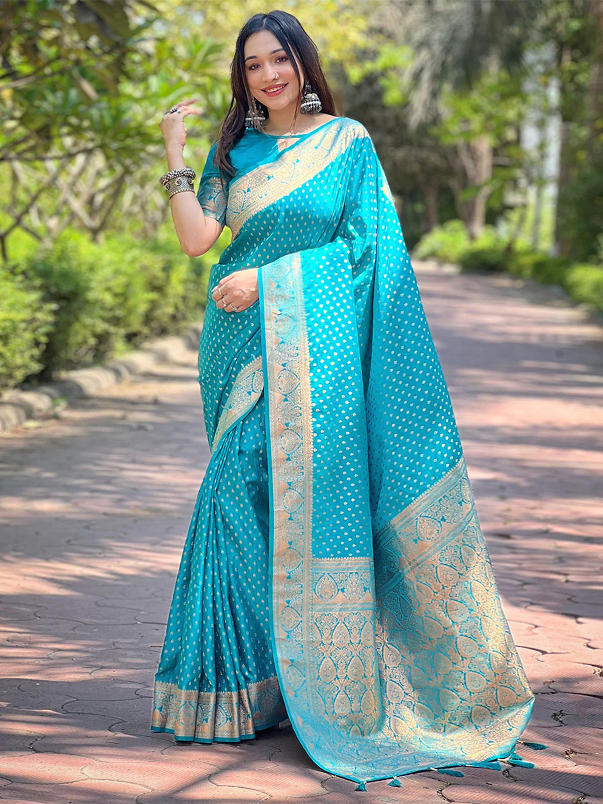 Odette Blue Woven Design Silk Blend Saree With Unstitched Blouse For Women