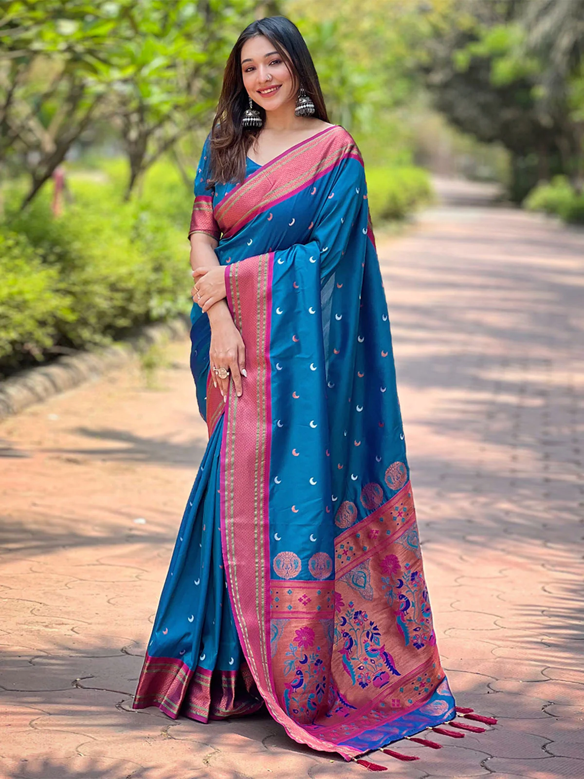 Odette Blue Woven Design Silk Blend Saree With Unstitched Blouse For Women