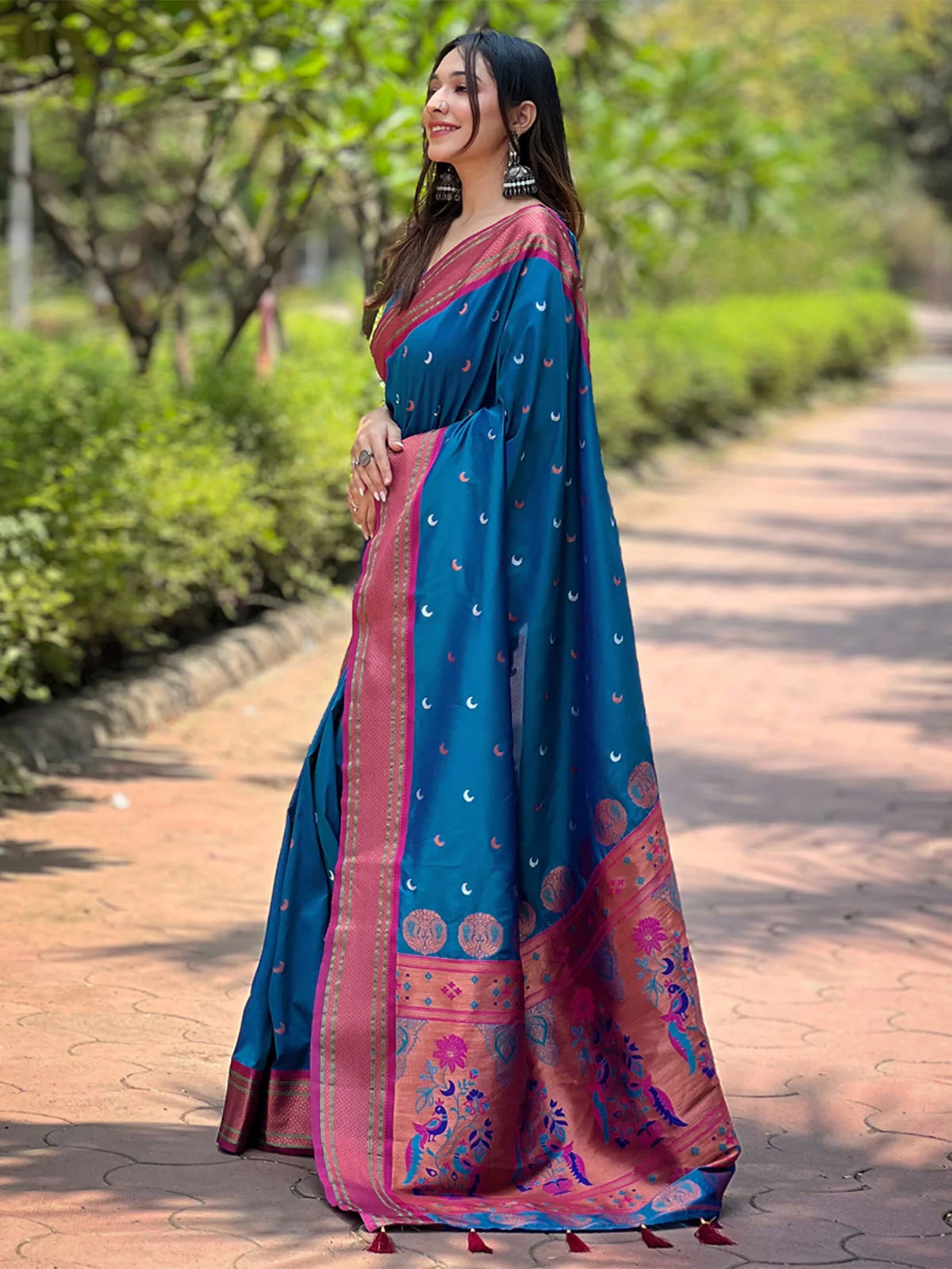 Odette Blue Woven Design Silk Blend Saree With Unstitched Blouse For Women - Image 2