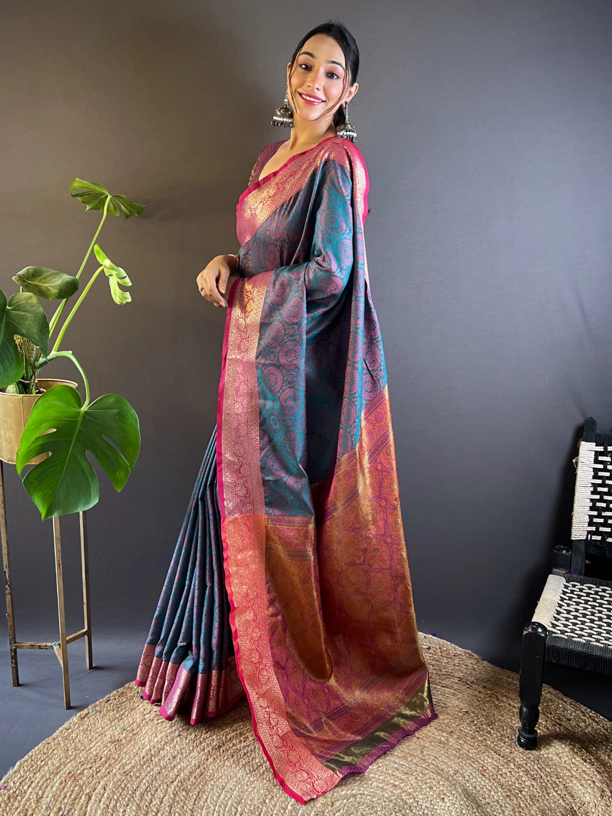 Odette Blue Woven Design Silk Blend Saree With Unstitched Blouse For Women - Image 2