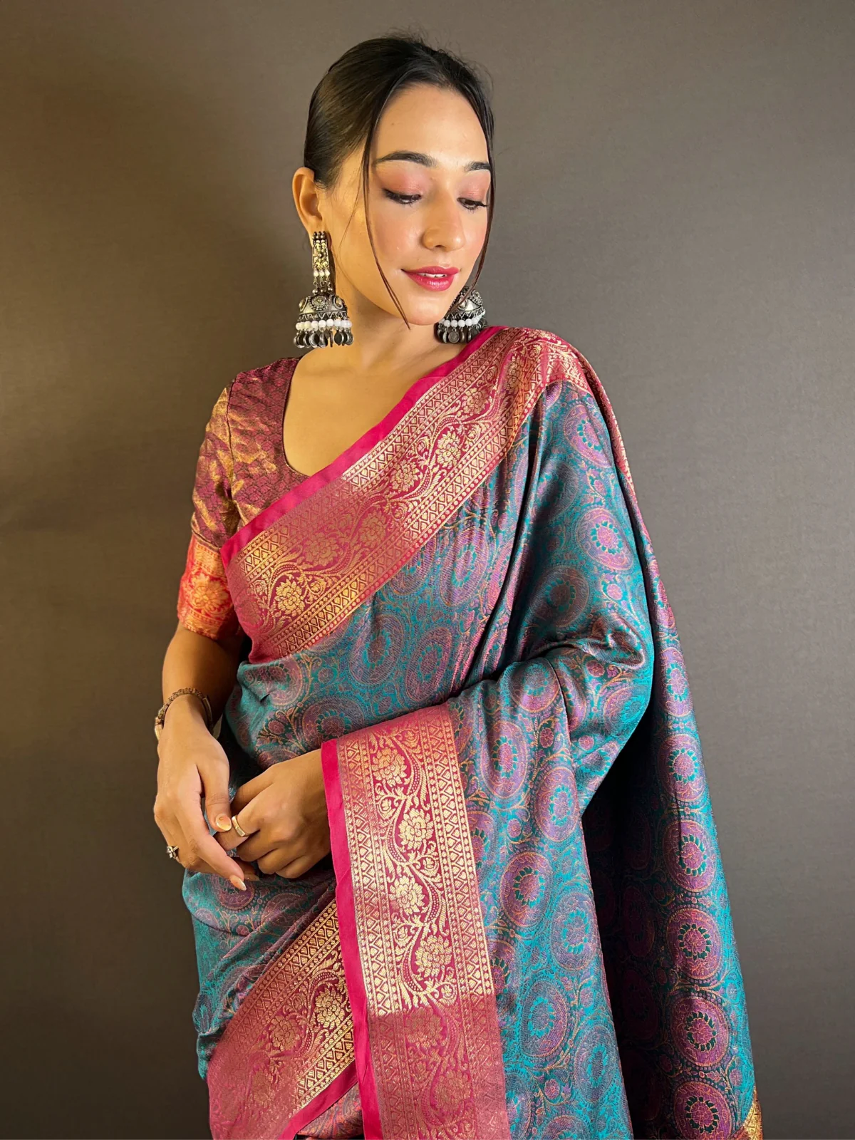 Odette Blue Woven Design Silk Blend Saree With Unstitched Blouse For Women - Image 3