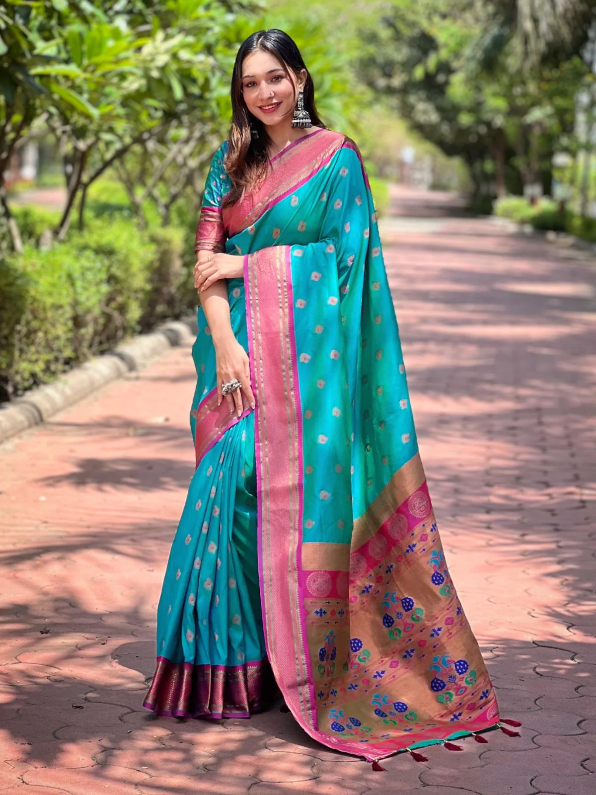 Odette Blue Woven Design Silk Blend Saree With Unstitched Blouse For Women