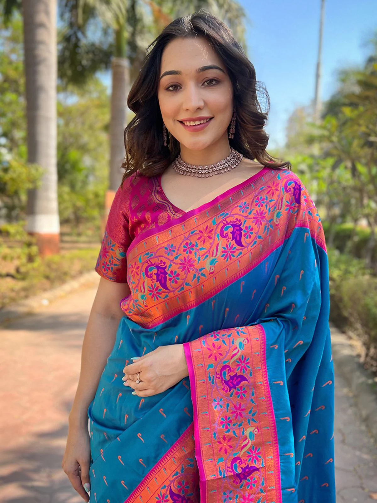Odette Blue Woven Design Silk Blend Saree With Unstitched Blouse For Women - Image 2