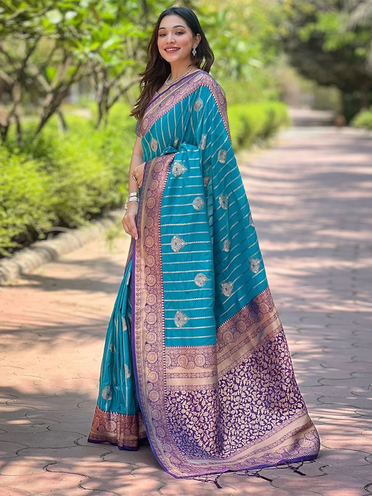 Odette Blue Woven Design Soft Silk Saree With Unstitched Blouse For Women - Image 2