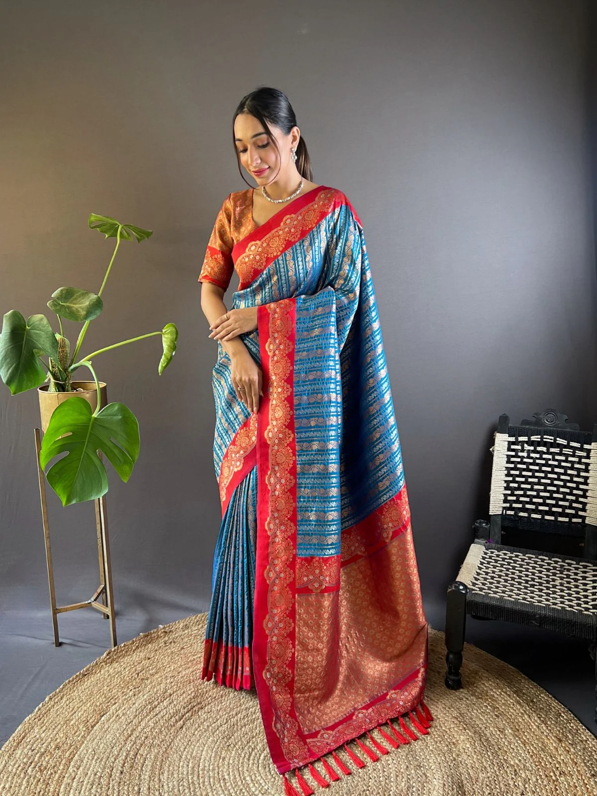 Odette Blue Woven Design Soft Silk Saree With Unstitched Blouse For Women