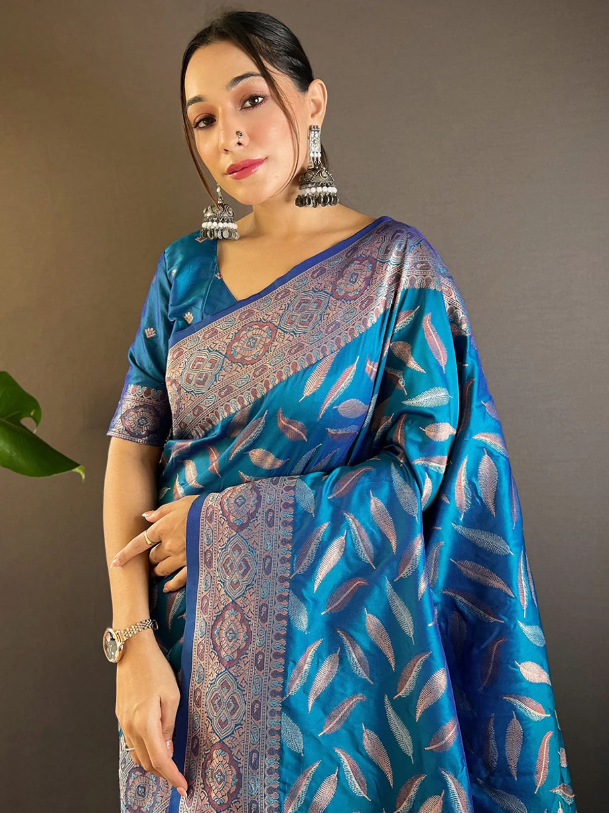 Odette Blue Woven Design Soft Silk Saree With Unstitched Blouse For Women - Image 3