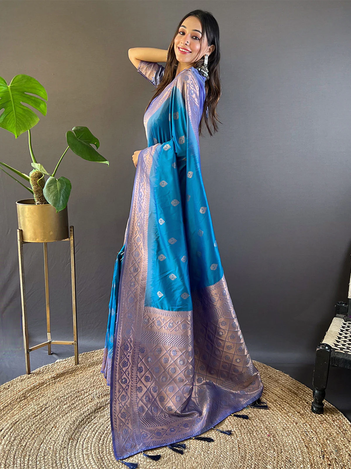 Odette Blue Woven Design Soft Silk Saree With Unstitched Blouse For Women - Image 2