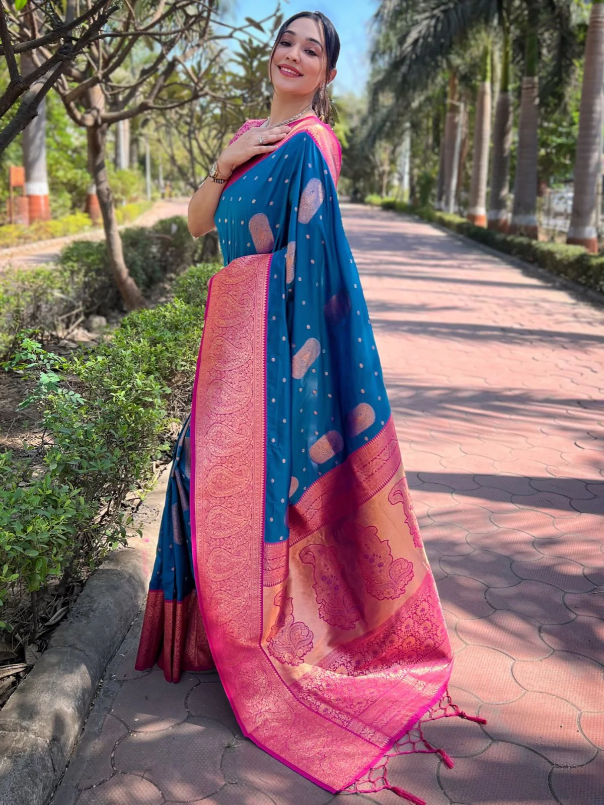 Odette Blue Woven Design Soft Silk Saree With Unstitched Blouse For Women - Image 2