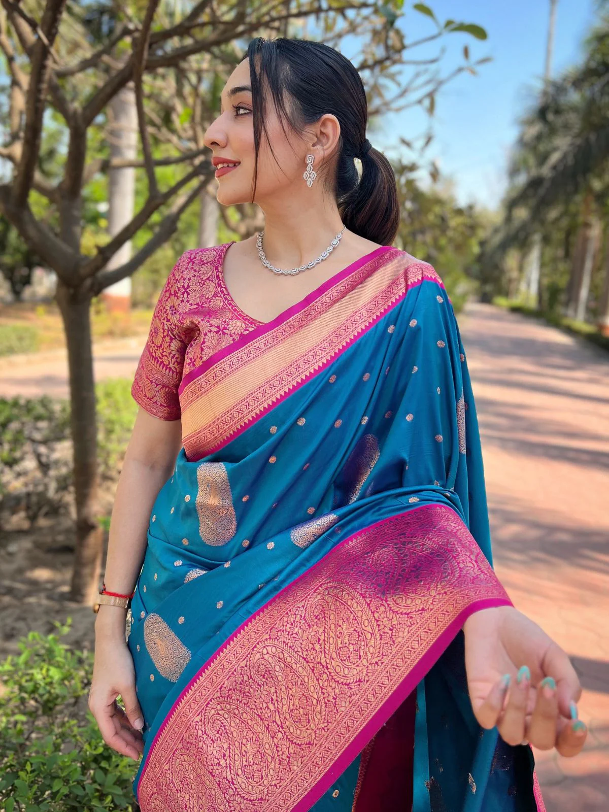 Odette Blue Woven Design Soft Silk Saree With Unstitched Blouse For Women - Image 3