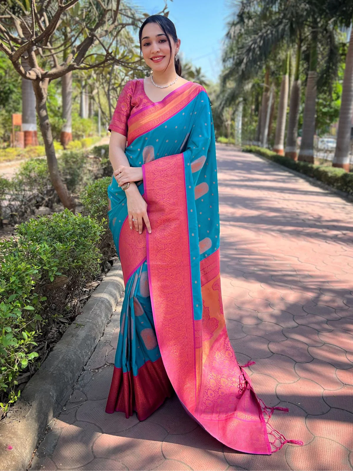 Odette Blue Woven Design Soft Silk Saree With Unstitched Blouse For Women