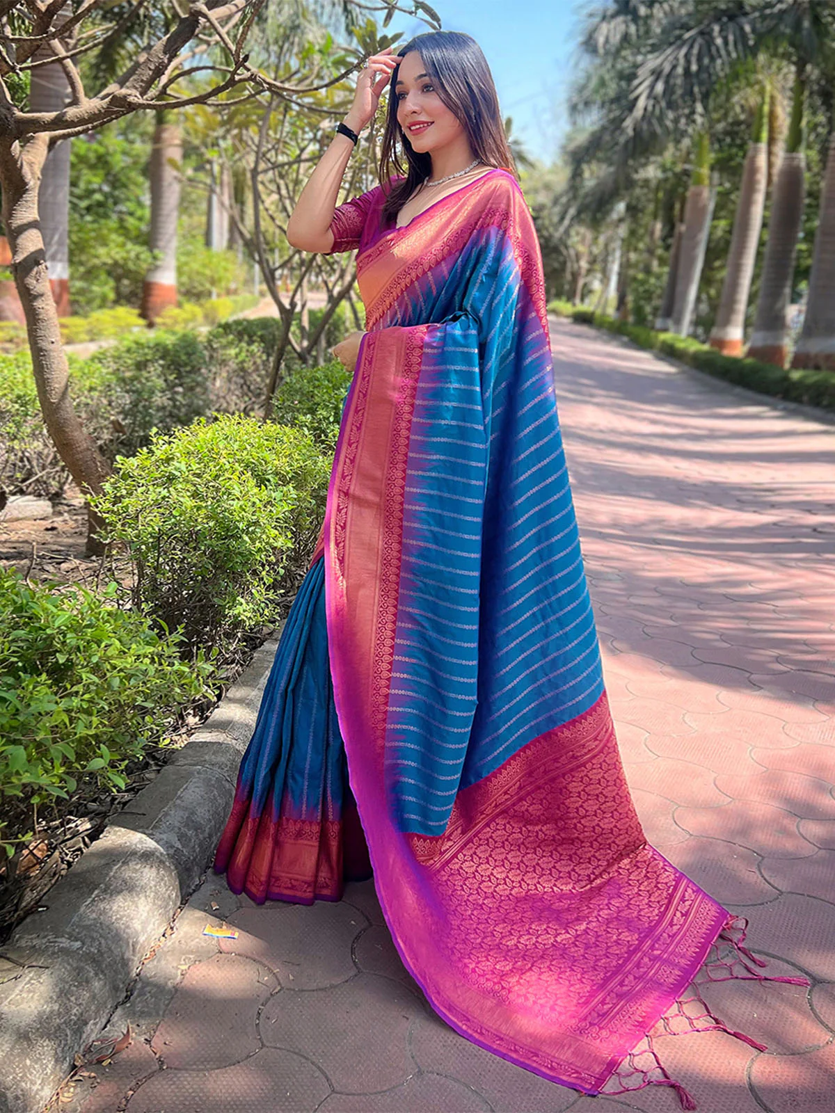 Odette Blue Woven Design Soft Silk Saree With Unstitched Blouse For Women - Image 2