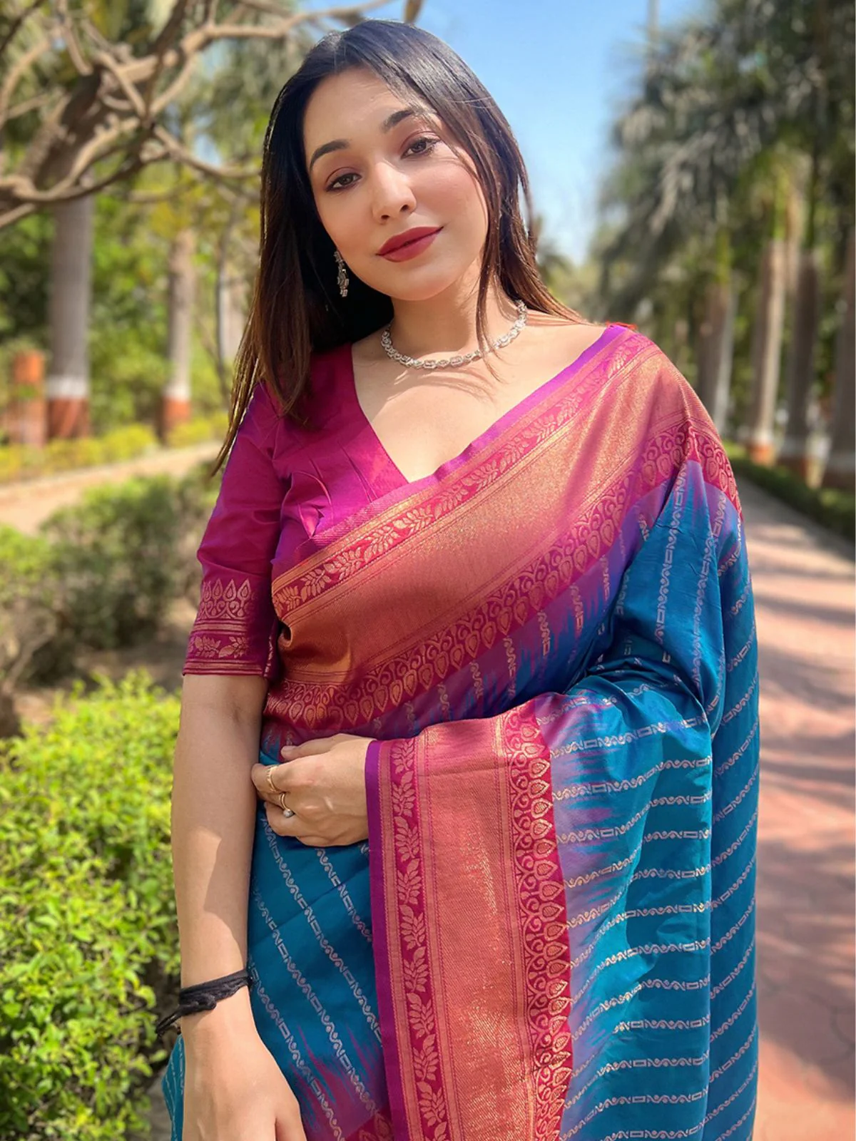 Odette Blue Woven Design Soft Silk Saree With Unstitched Blouse For Women - Image 3