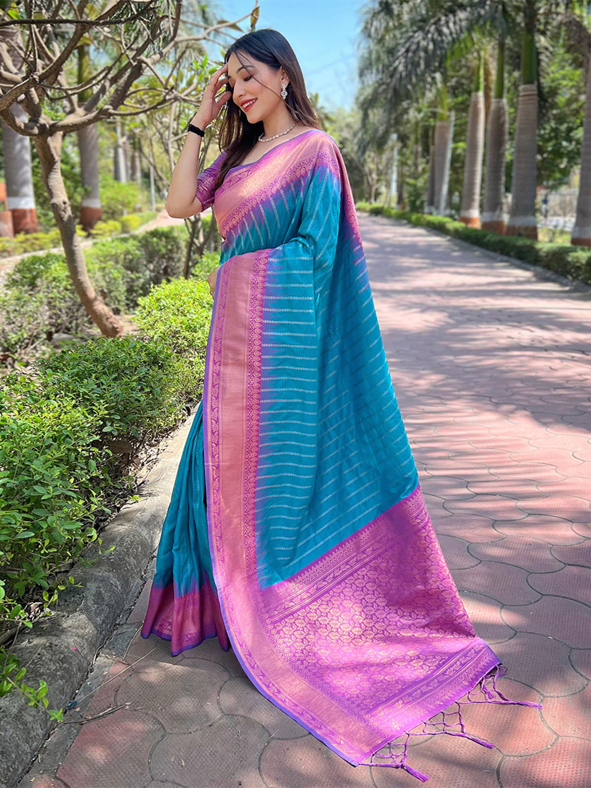 Odette Blue Woven Design Soft Silk Saree With Unstitched Blouse For Women - Image 2