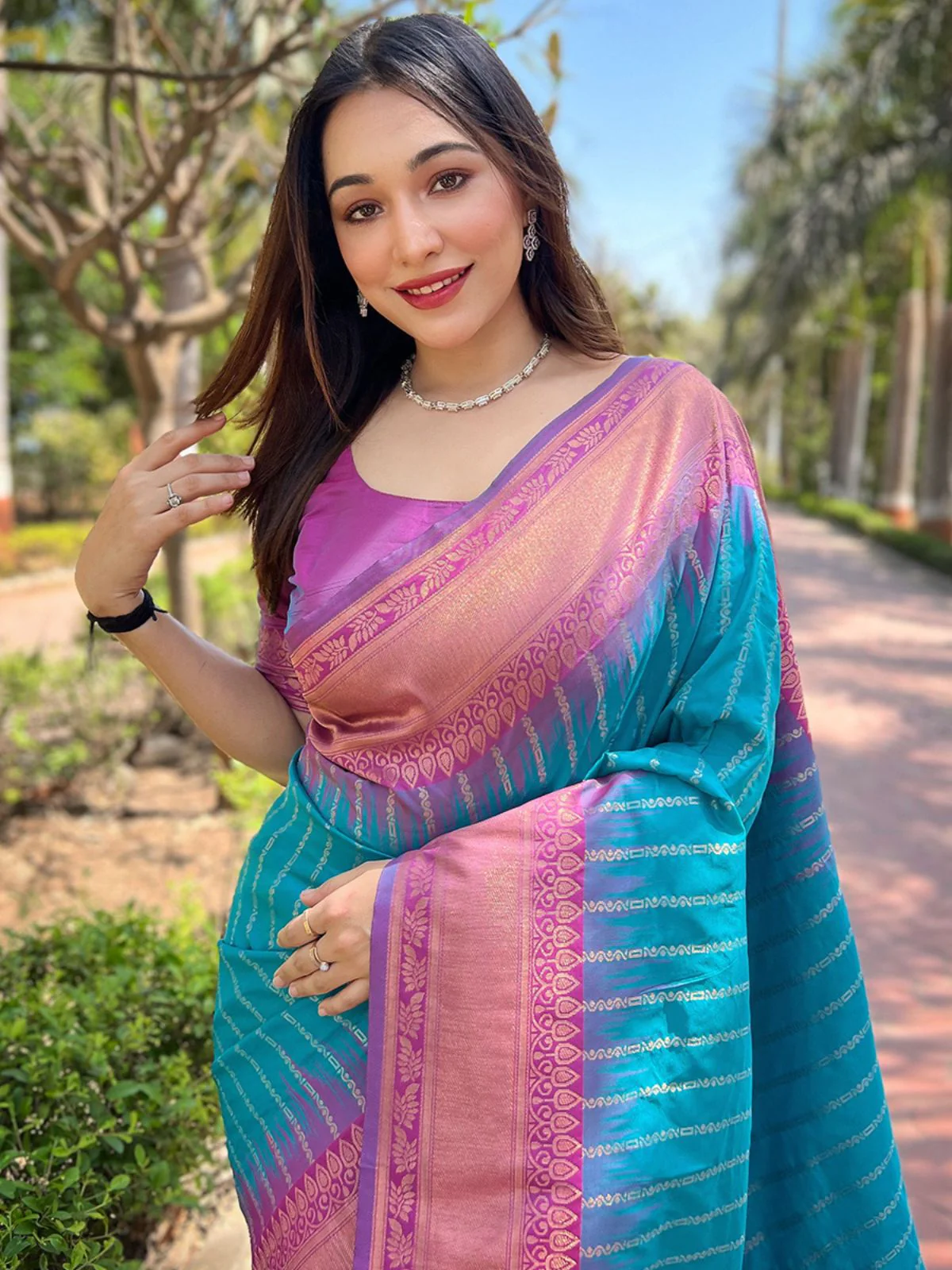 Odette Blue Woven Design Soft Silk Saree With Unstitched Blouse For Women - Image 3