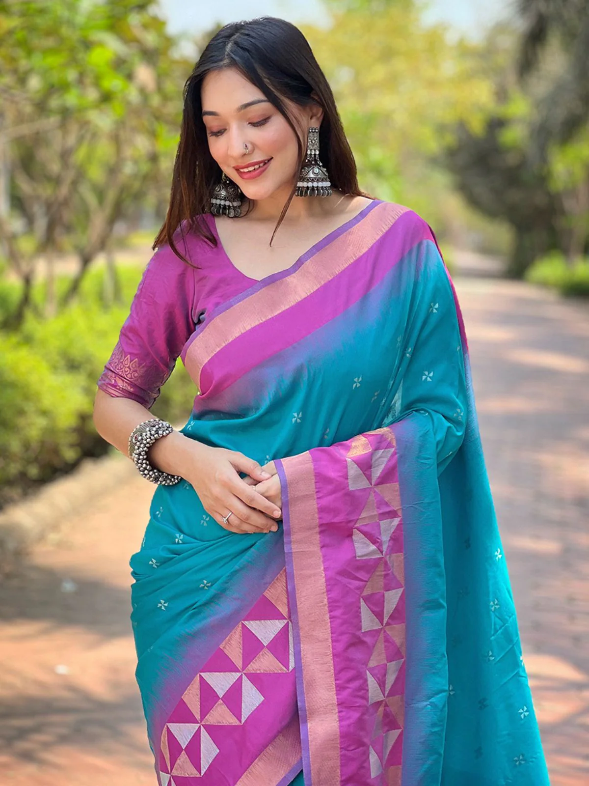 Odette Blue Woven Design Soft Silk Saree With Unstitched Blouse For Women - Image 3