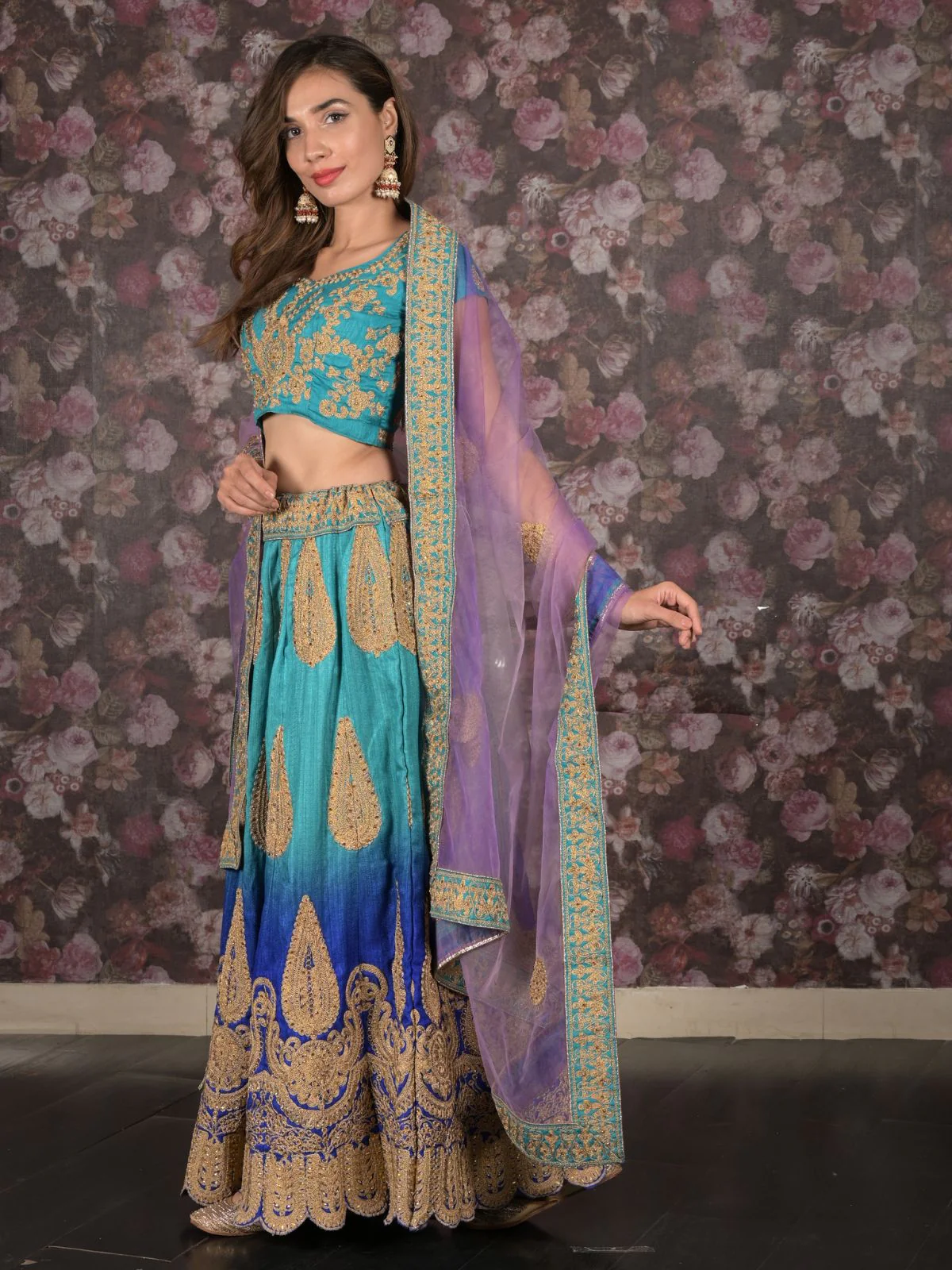 Odette Blue Zari Embroidered Stitched Silk Blend Lehenga with Stitched Blouse for Women - Image 3